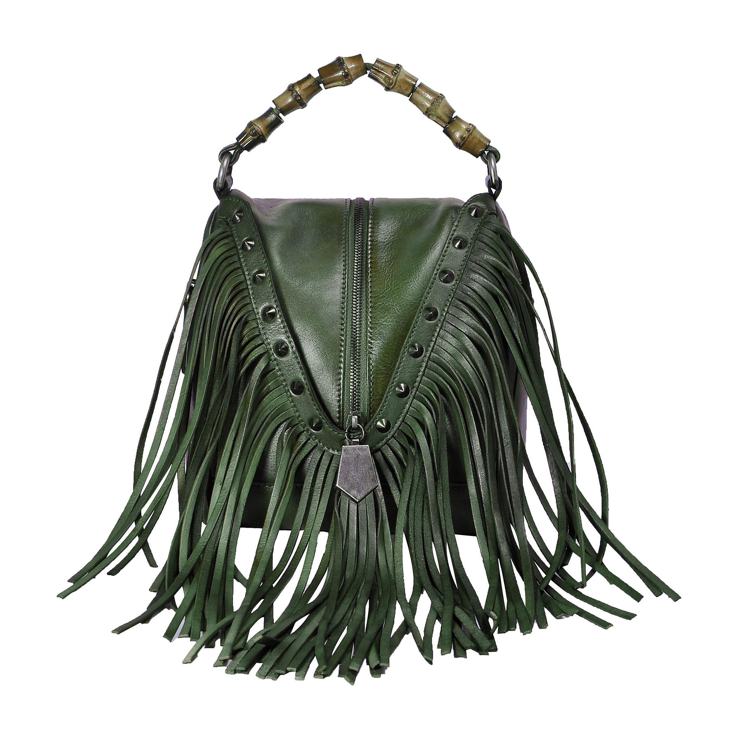 6485 Leather Bamboo Hand Strap Featured Fringe Bohemian Tassel Studed Cross
